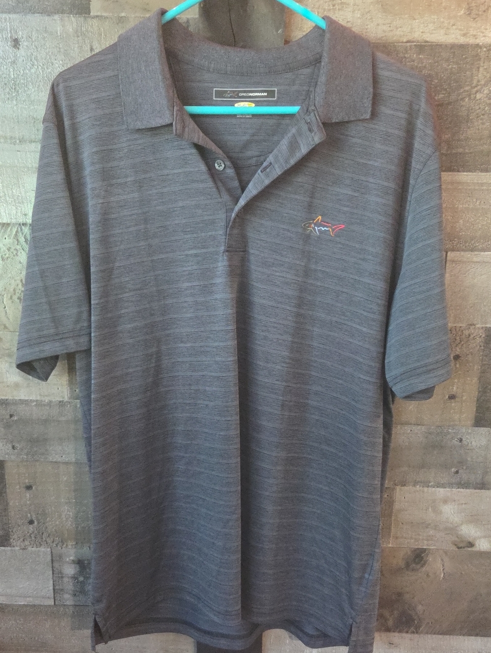 Greg Norman Charcoal Heather Striped Polo with Embroidered Fish